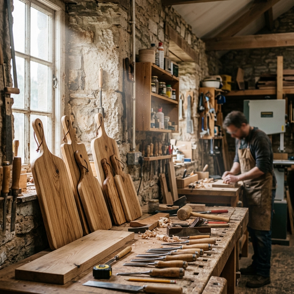 Handmade wooden boards in an artisan workshop with natural light