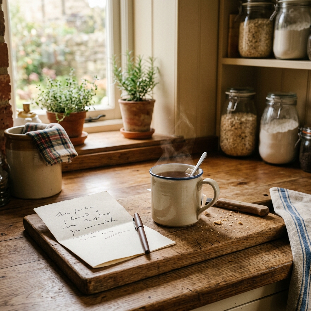 Kitchen scene with wooden board and cup of tea