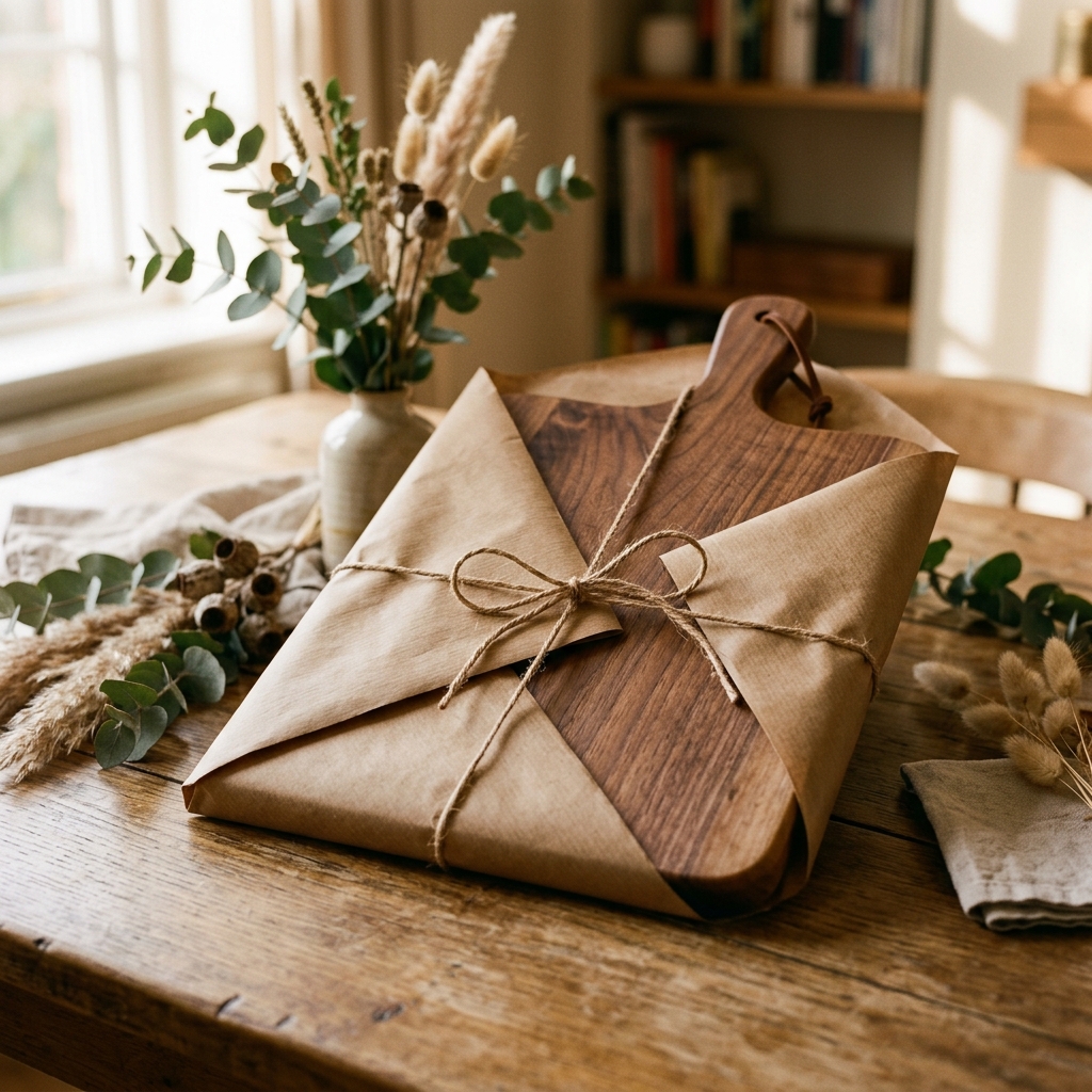 Wooden chopping board wrapped as a gift with natural twine