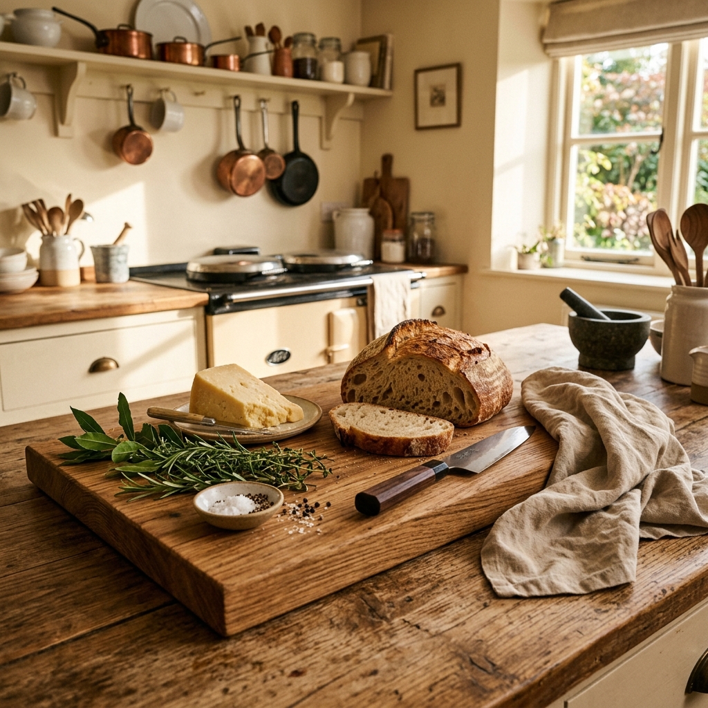 Handmade wooden chopping board on a kitchen island with bread, herbs, cheese and warm natural light