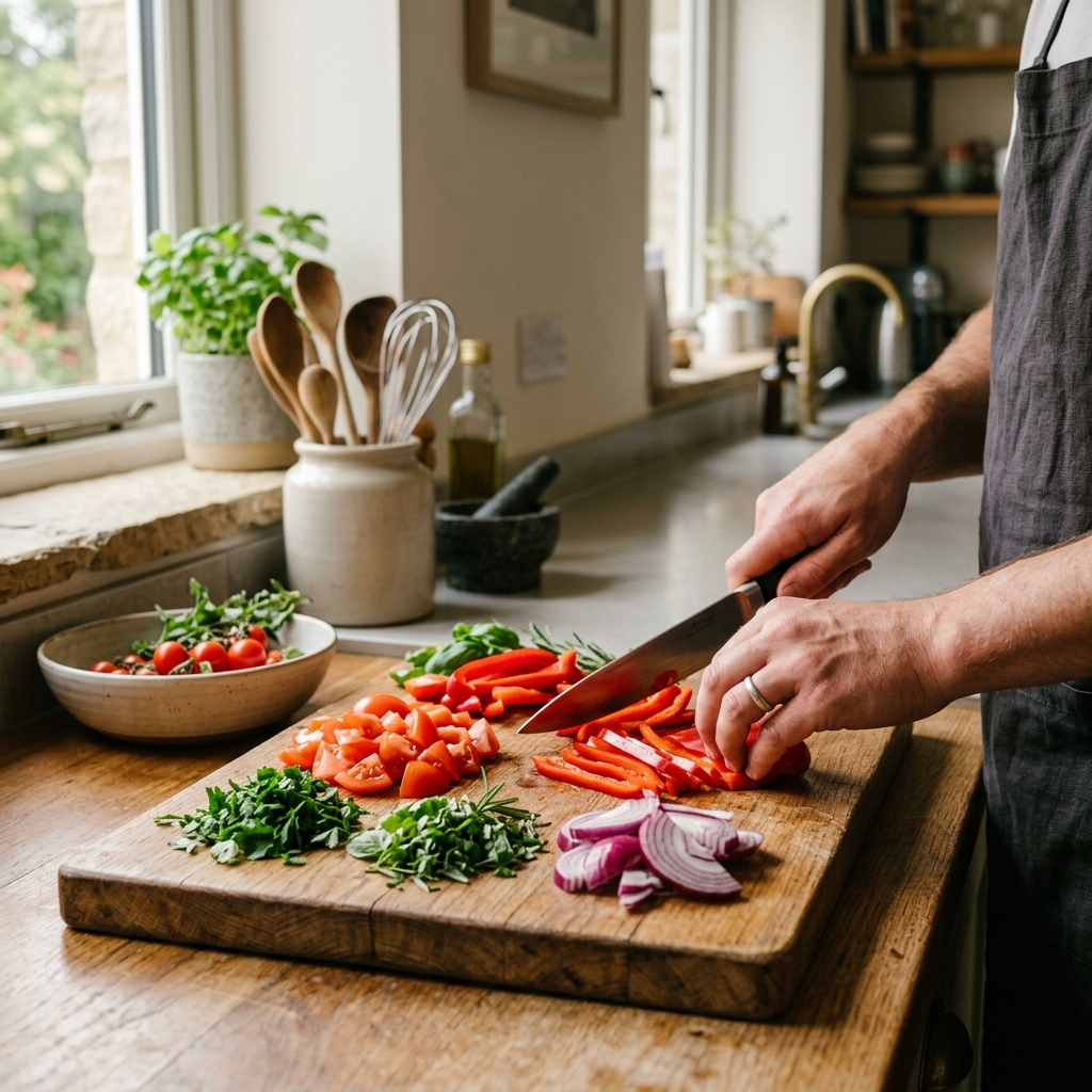 Hands chopping fresh vegetables on a wooden chopping board